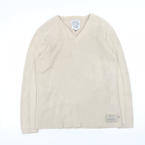 Next Men's Beige Cotton V-Neck Ribbed Jumper Size L Vintage Style Knitwear
