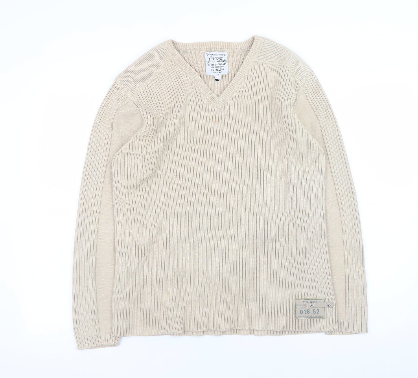 Next Men's Beige Cotton V-Neck Ribbed Jumper Size L Vintage Style Knitwear