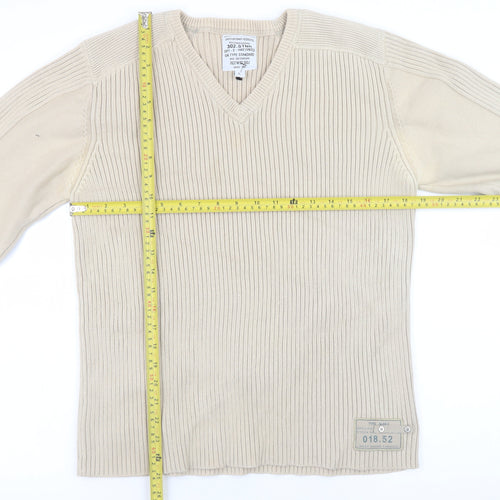 Next Men's Beige Cotton V-Neck Ribbed Jumper Size L Vintage Style Knitwear
