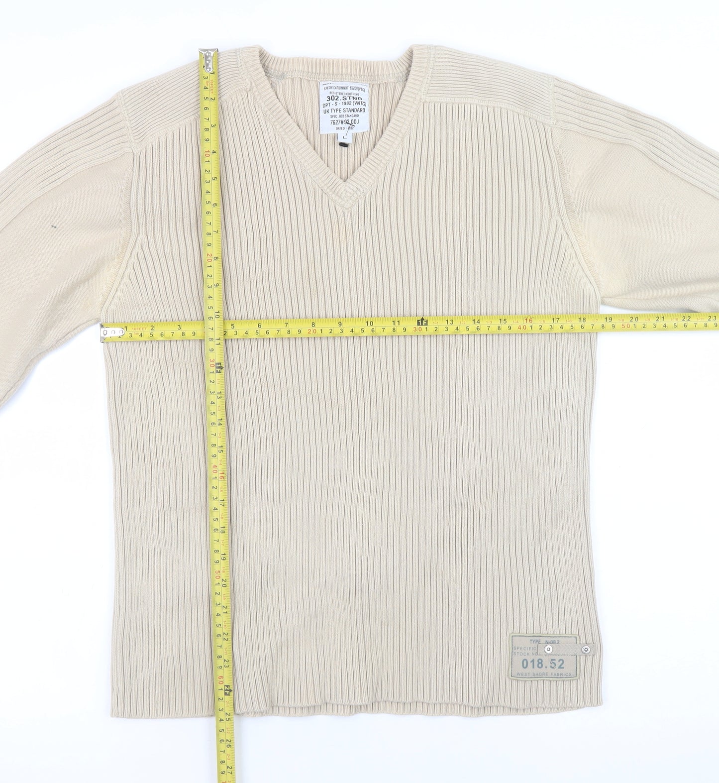 Next Men's Beige Cotton V-Neck Ribbed Jumper Size L Vintage Style Knitwear