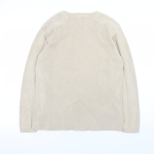 Next Men's Beige Cotton V-Neck Ribbed Jumper Size L Vintage Style Knitwear