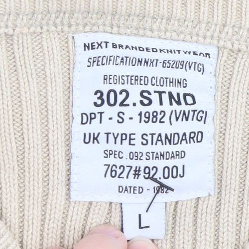 Next Men's Beige Cotton V-Neck Ribbed Jumper Size L Vintage Style Knitwear