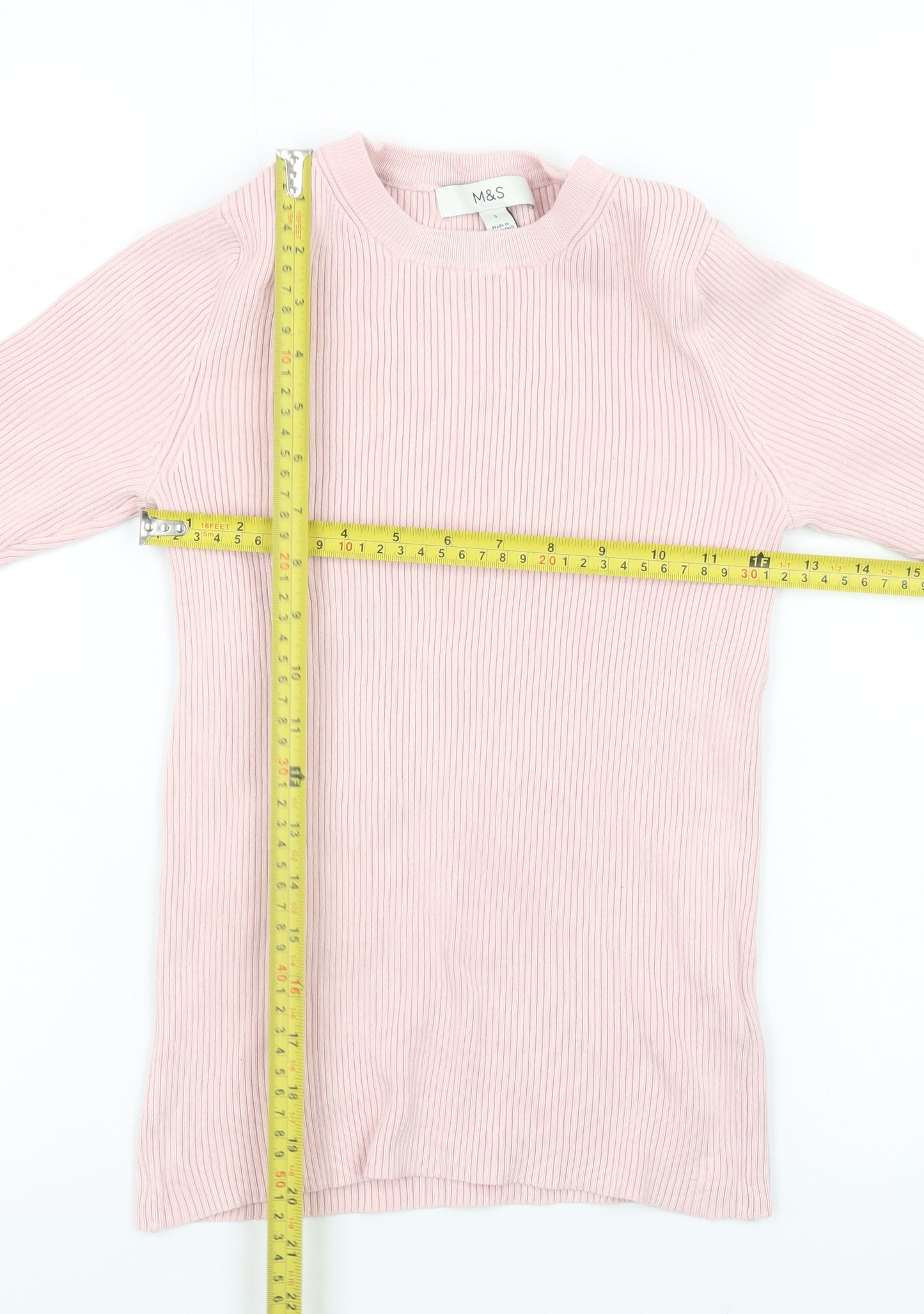 Marks and Spencer Womens Pink Ribbed Knit 3/4 Sleeve T-Shirt Size S