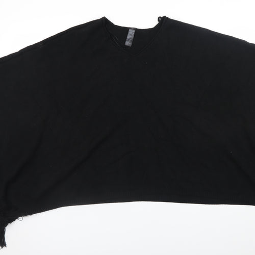 Accessorize Women Black Knitted Fringe Cape One Size V-Neck Poncho
