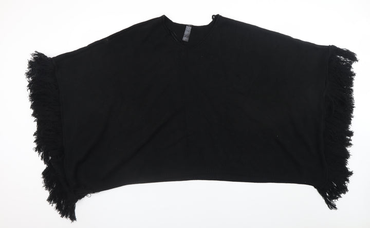 Accessorize Women Black Knitted Fringe Cape One Size V-Neck Poncho