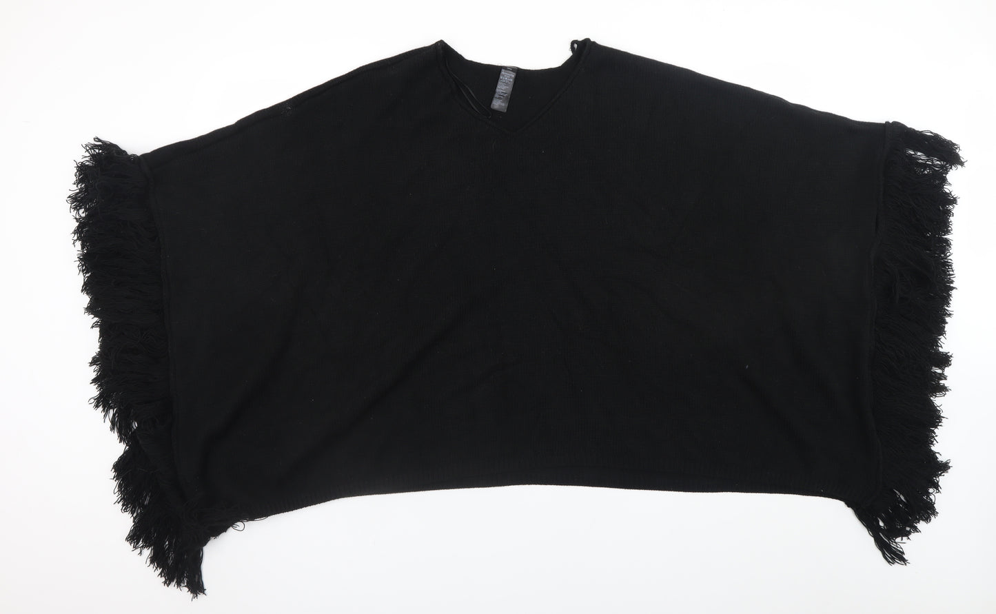 Accessorize Women Black Knitted Fringe Cape One Size V-Neck Poncho