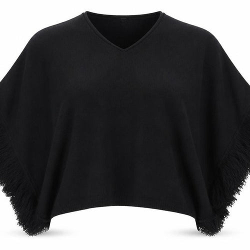 Accessorize Women Black Knitted Fringe Cape One Size V-Neck Poncho