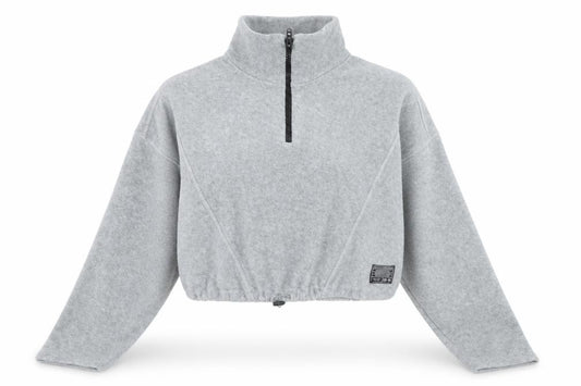 Front view of Urban Outfitters women’s grey 1/4 zip cropped fleece sweatshirt, size XS