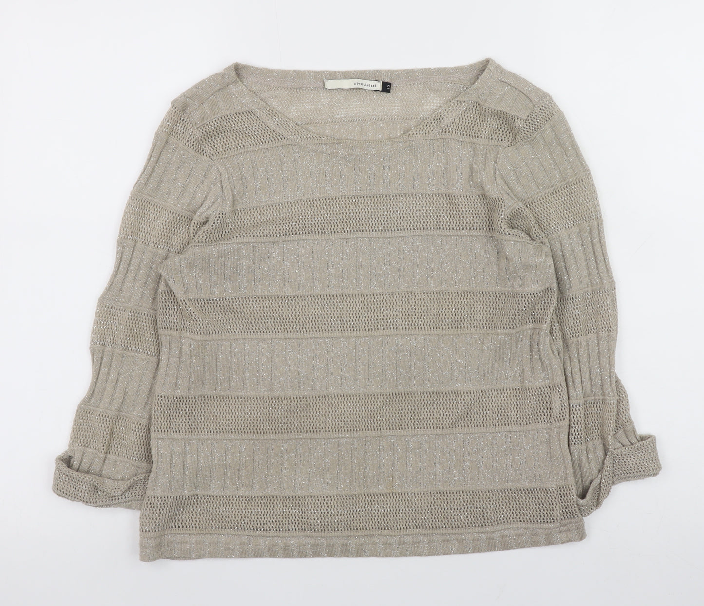 River Island Women's Beige Open-Knit Stripe Jumper Size 10