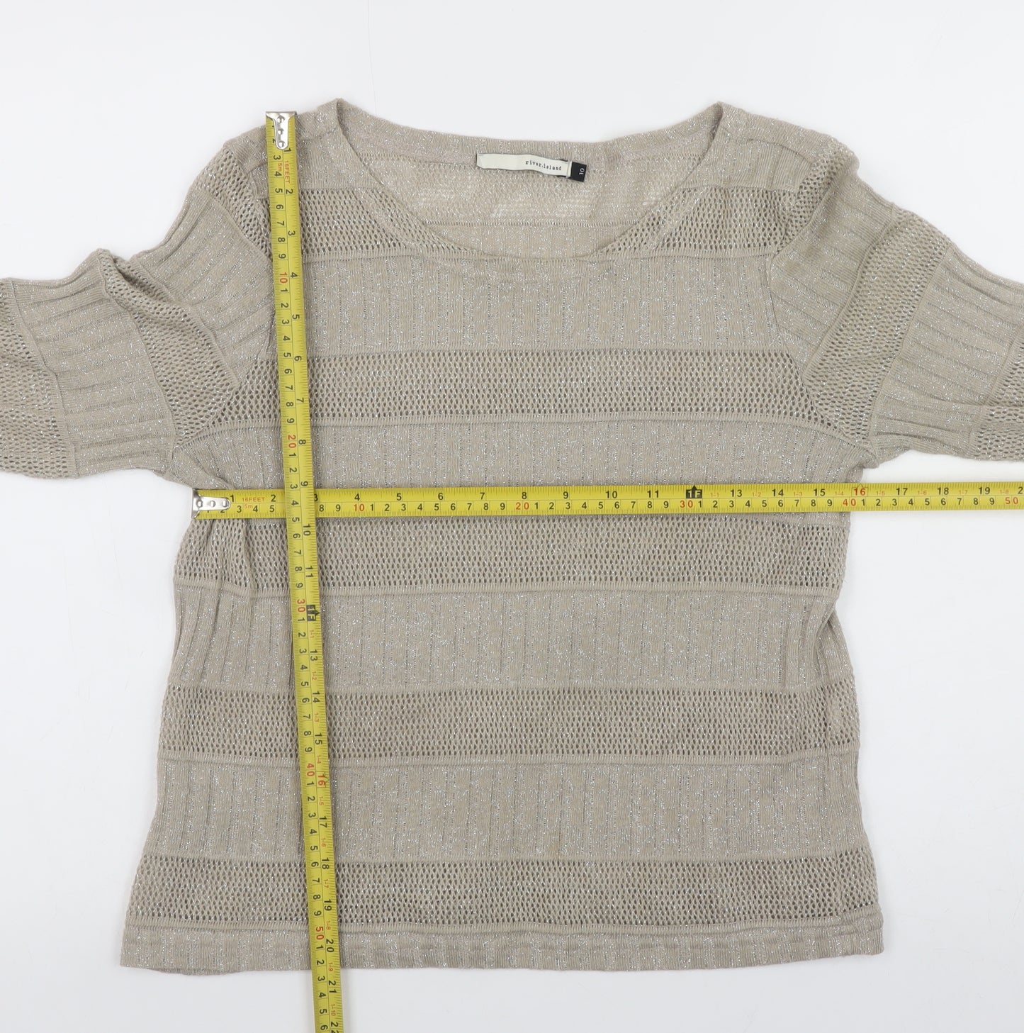 River Island Women's Beige Open-Knit Stripe Jumper Size 10