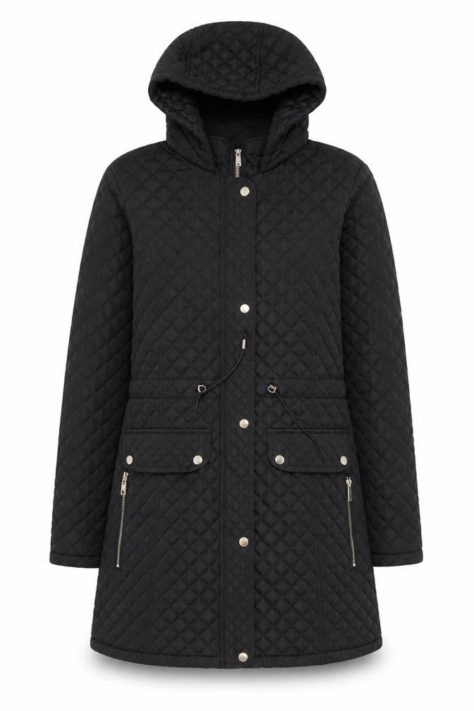 Dunnes Women’s Black Quilted Long Hooded Coat Size 12