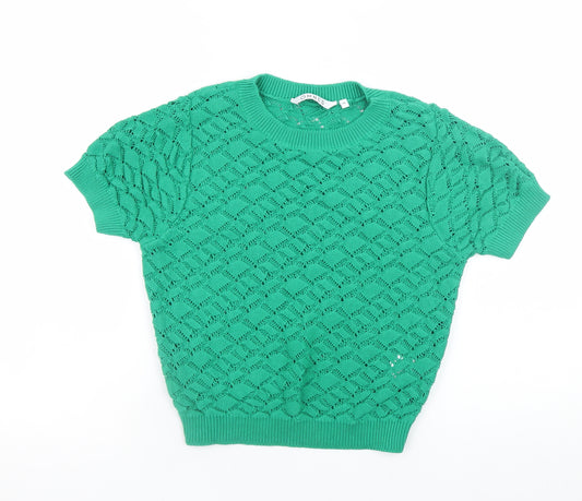 Omnes Women Green Cotton Open Knit Short Sleeve Jumper M