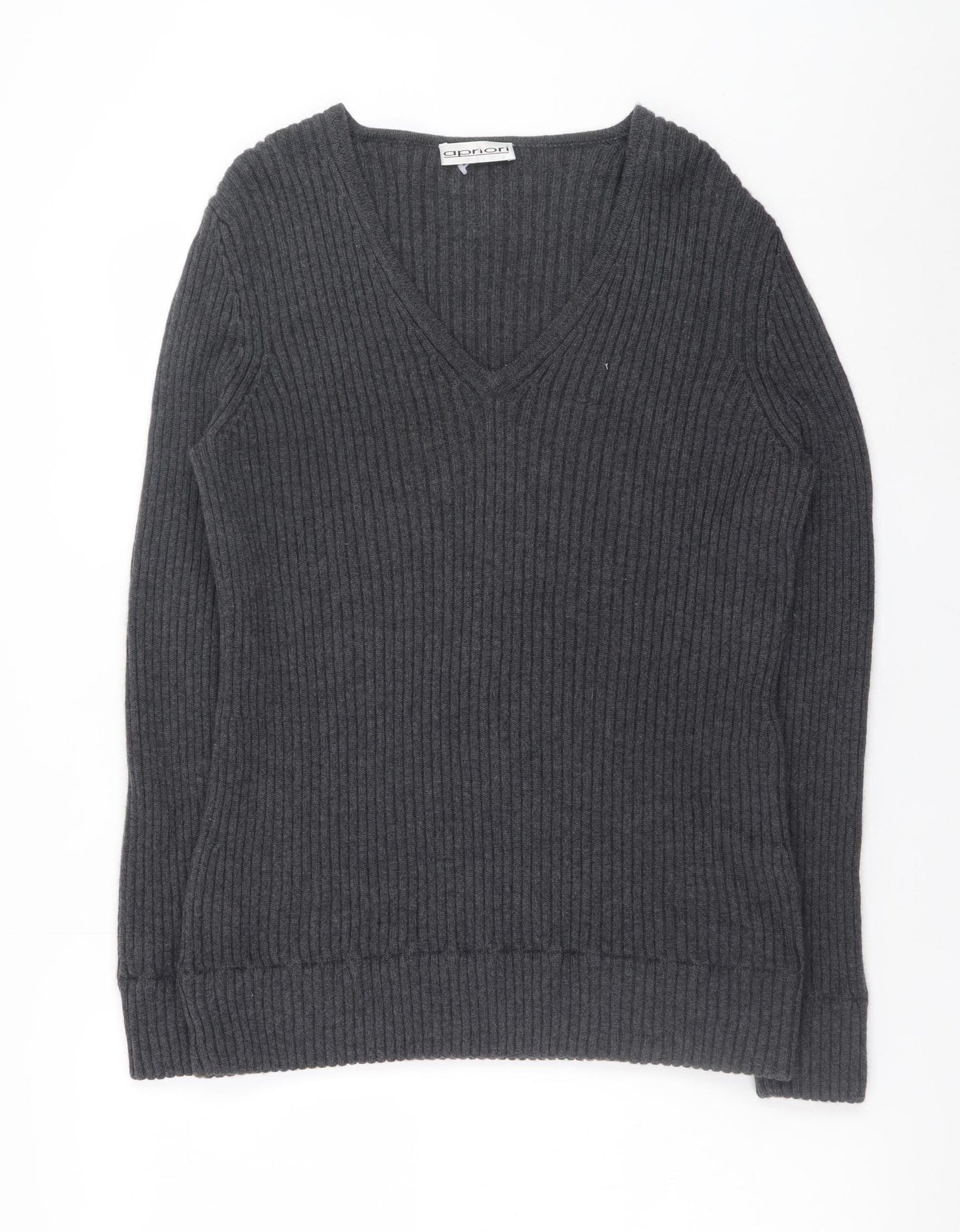 Apriori Women Grey Wool V-Neck Rib Knit Long Sleeve Jumper XL