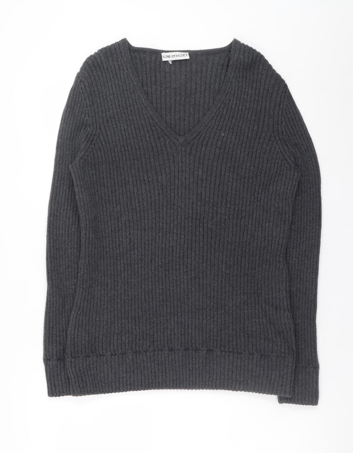 Apriori Women Grey Wool V-Neck Rib Knit Long Sleeve Jumper XL