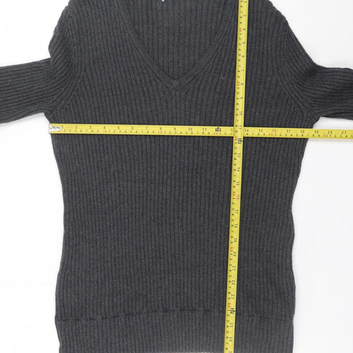 Apriori Women Grey Wool V-Neck Rib Knit Long Sleeve Jumper XL