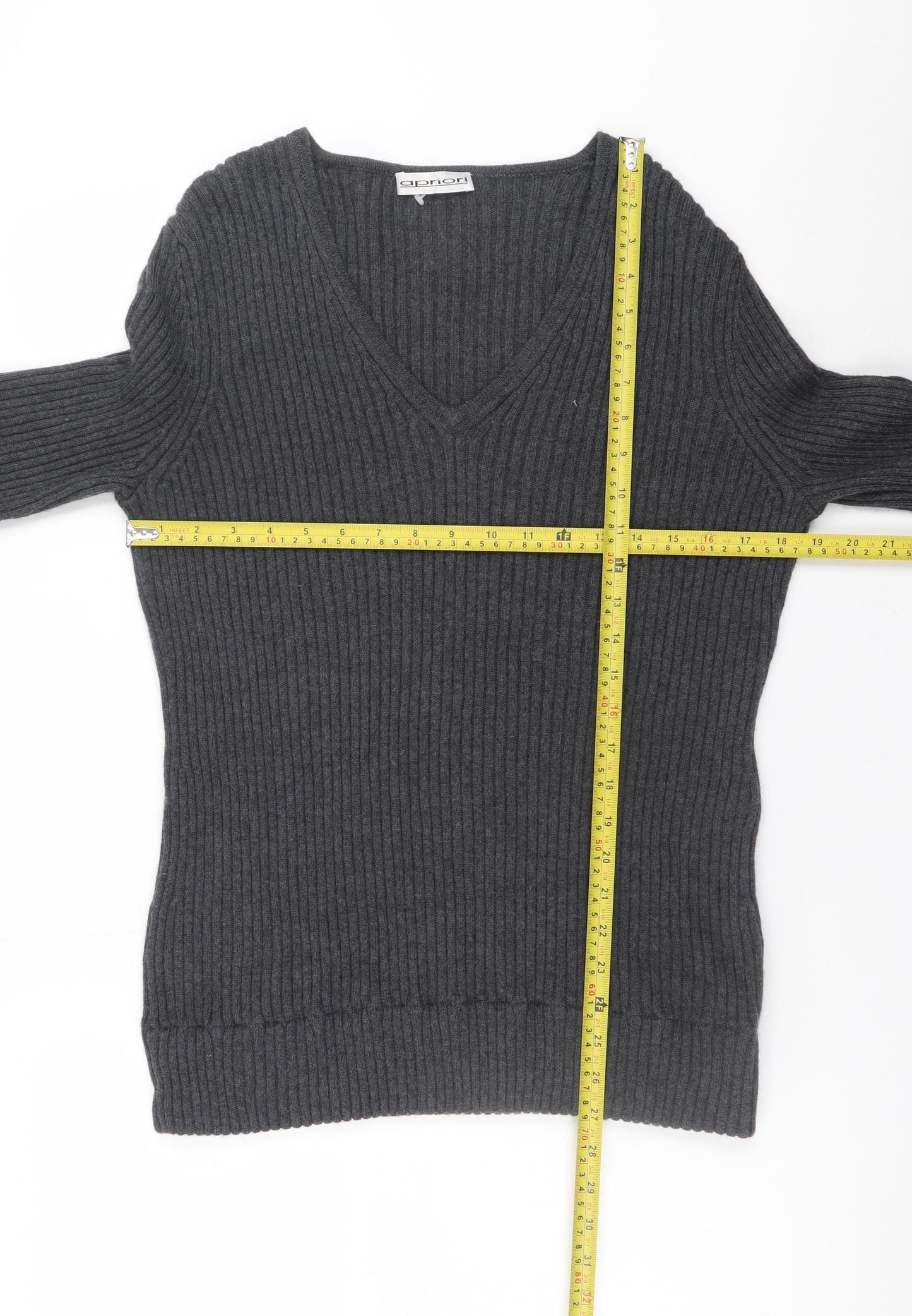 Apriori Women Grey Wool V-Neck Rib Knit Long Sleeve Jumper XL