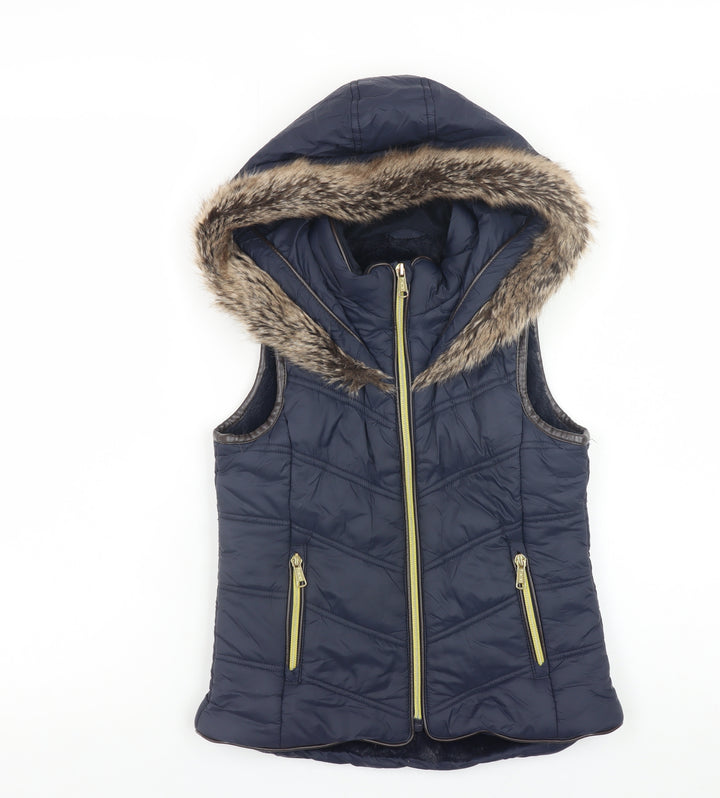 Firetrap Boys Blue Hooded Puffer Gilet Faux Fur Trim 7-8 Years