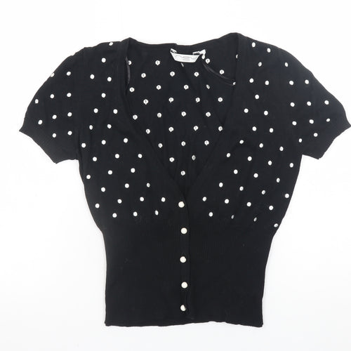 New Look Women’s Black Polka Dot Cropped Knit Button-Up Top Size 10