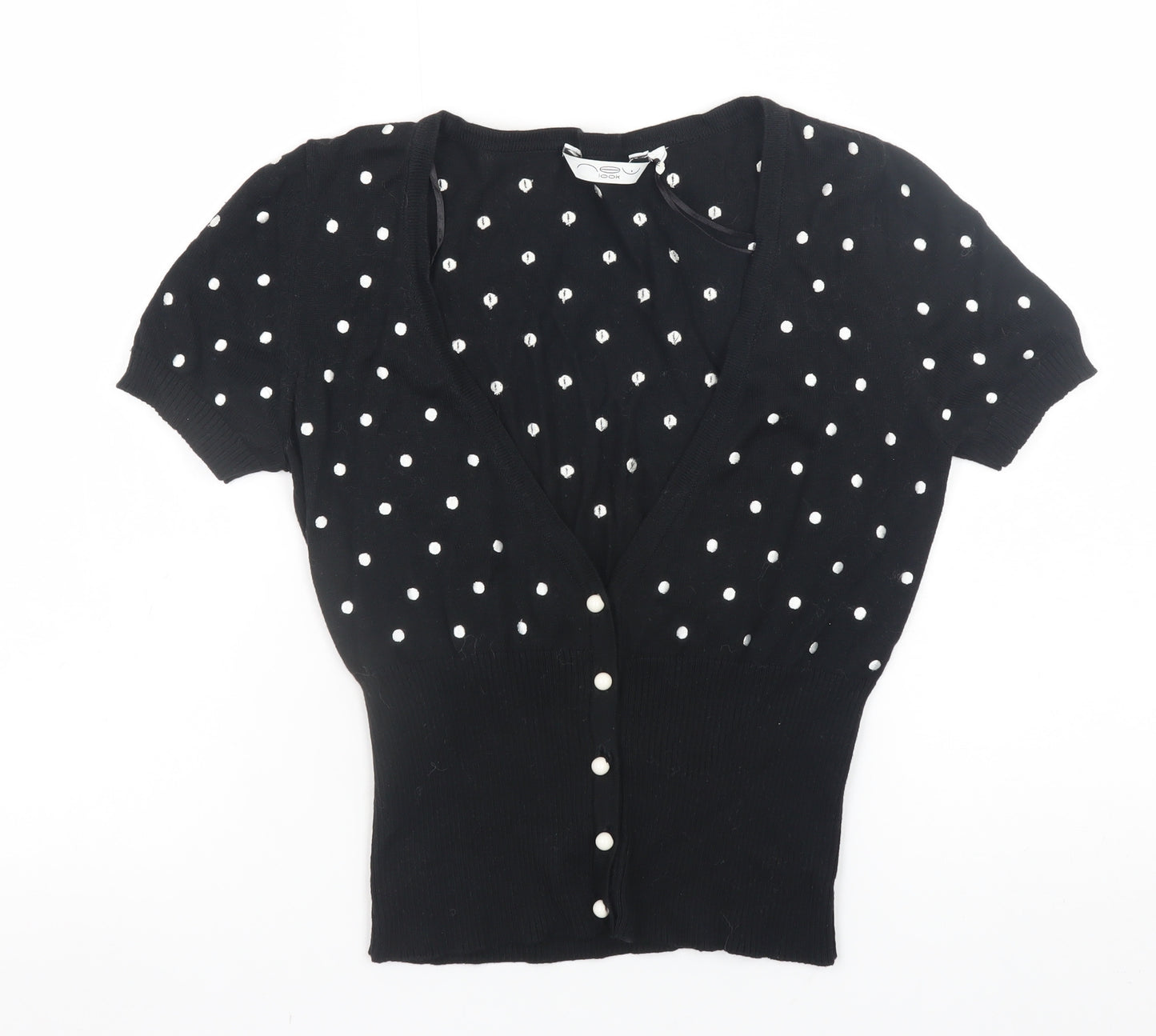 New Look Women’s Black Polka Dot Cropped Knit Button-Up Top Size 10
