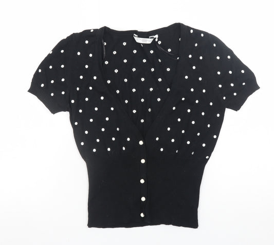 New Look Women’s Black Polka Dot Cropped Knit Button-Up Top Size 10