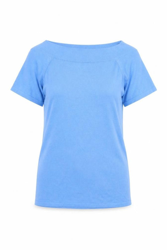 Front view of Next women’s blue boat neck short sleeve cotton blend jumper, size UK 10