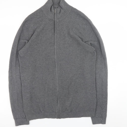 Selected Homme Men's Grey Full Zip High Neck Cotton Jumper Size M