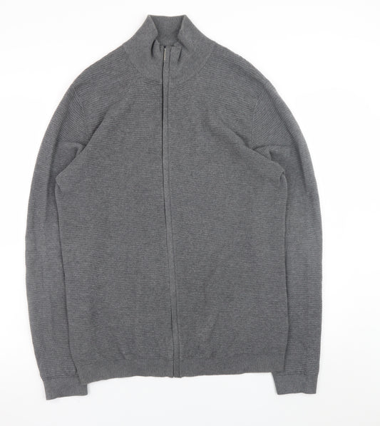 Selected Homme Men's Grey Full Zip High Neck Cotton Jumper Size M