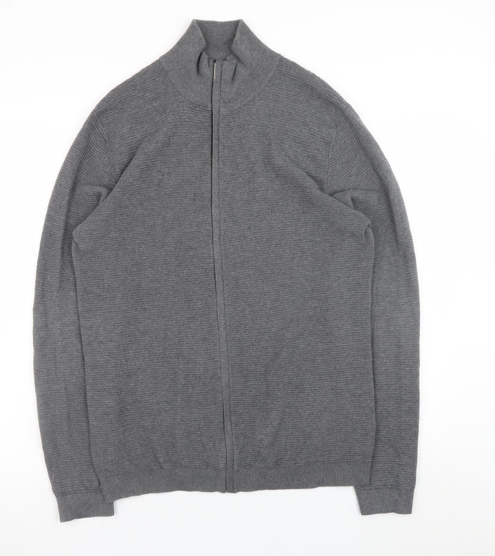 Selected Homme Men's Grey Full Zip High Neck Cotton Jumper Size M