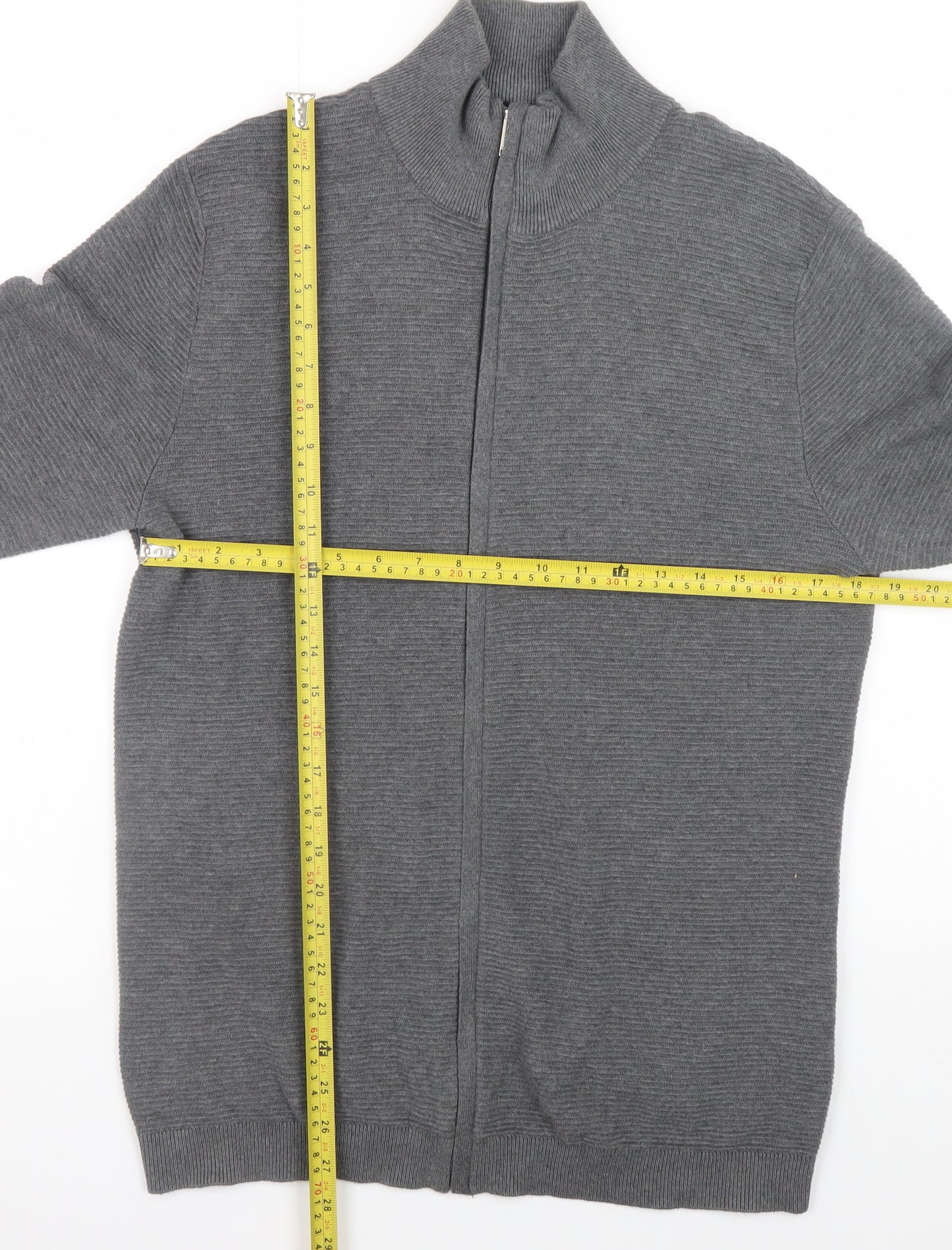 Selected Homme Men's Grey Full Zip High Neck Cotton Jumper Size M