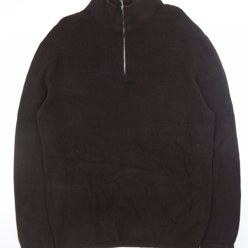 H&M Women Brown High Neck 1/2 Zip Cotton Knit Jumper L