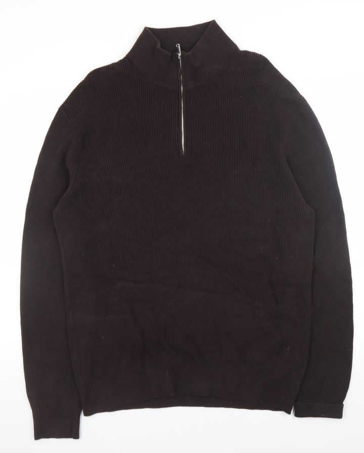 H&M Women Brown High Neck 1/2 Zip Cotton Knit Jumper L
