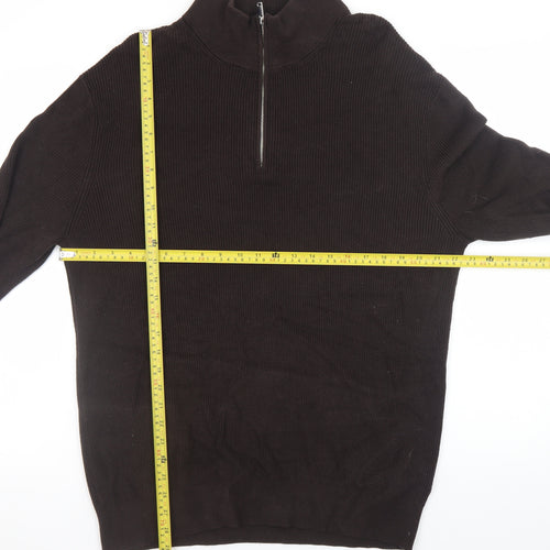 H&M Women Brown High Neck 1/2 Zip Cotton Knit Jumper L