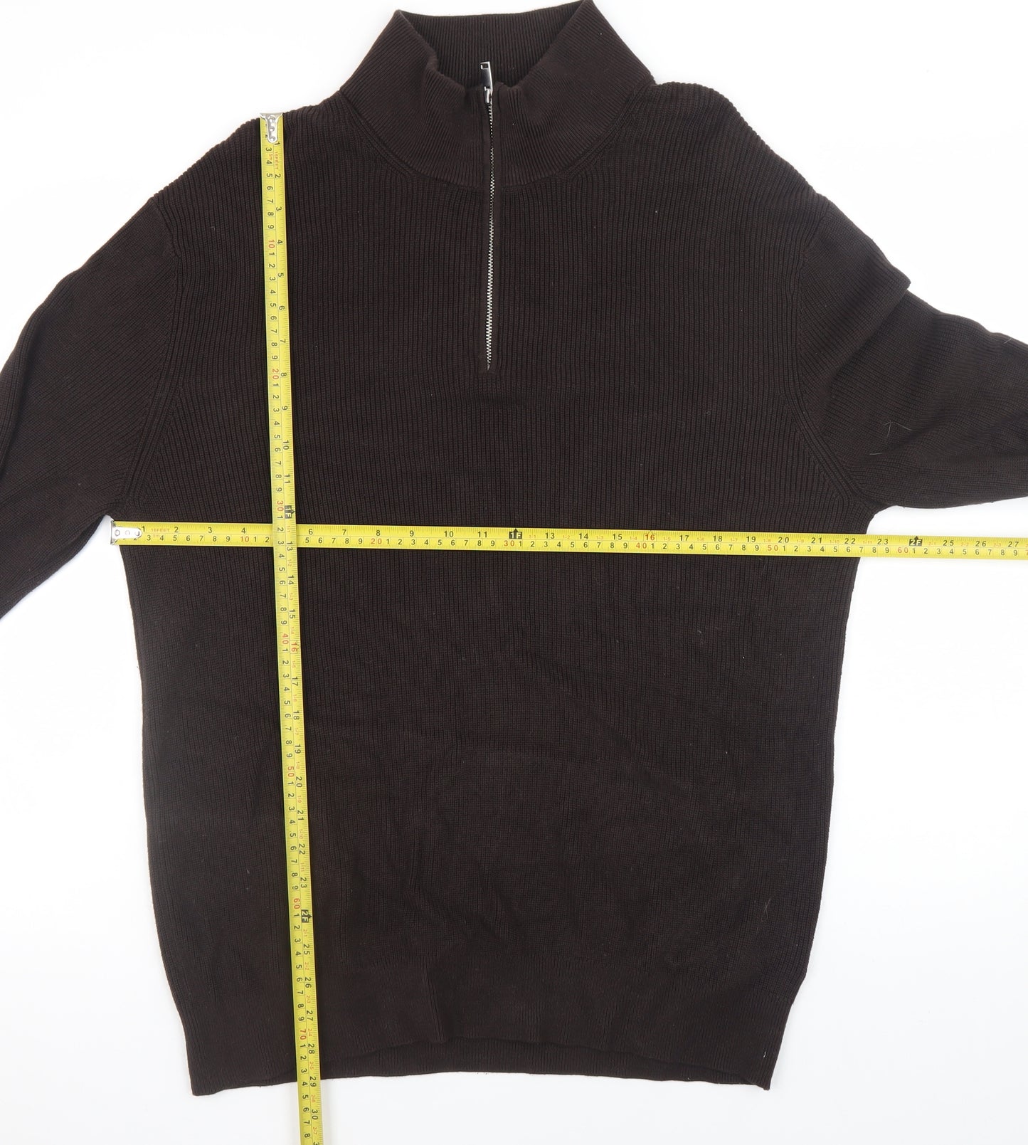 H&M Women Brown High Neck 1/2 Zip Cotton Knit Jumper L