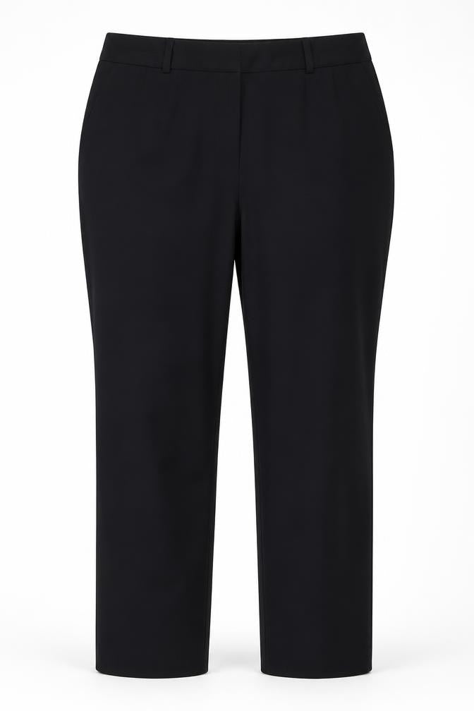 Front view of Dunnes women’s black, size UK 12, straight leg work trousers