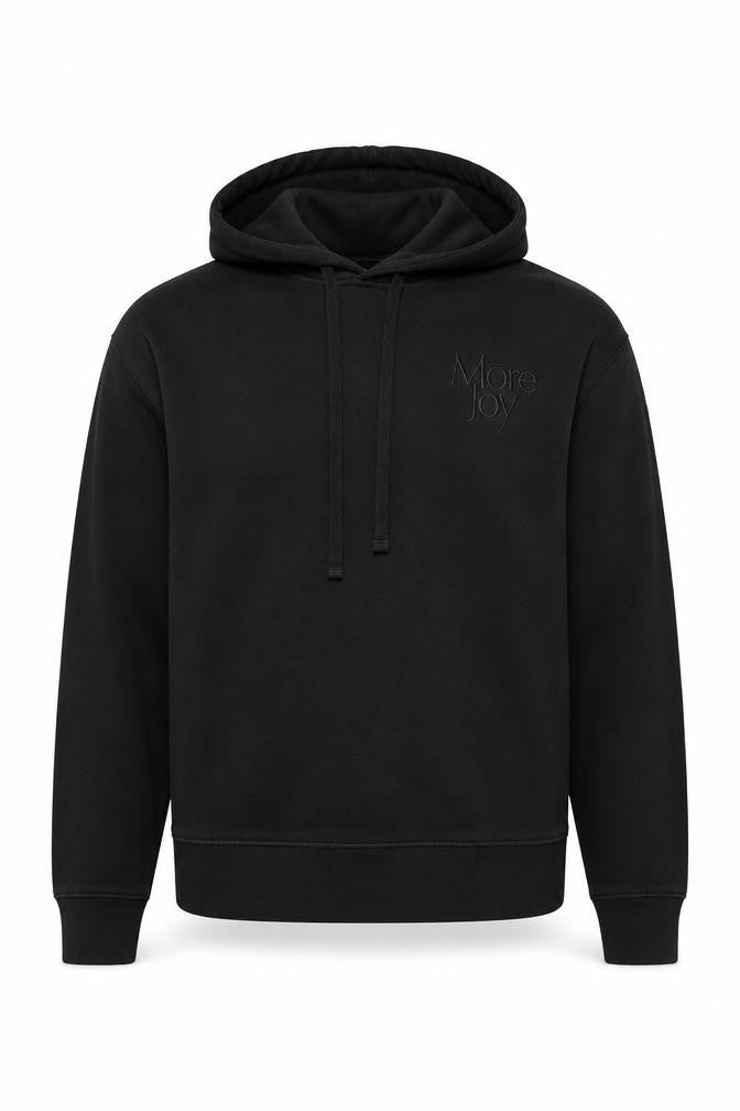 Front view of More Joy Men's Black Pullover Hoodie, size M, Designer Logo Fleece