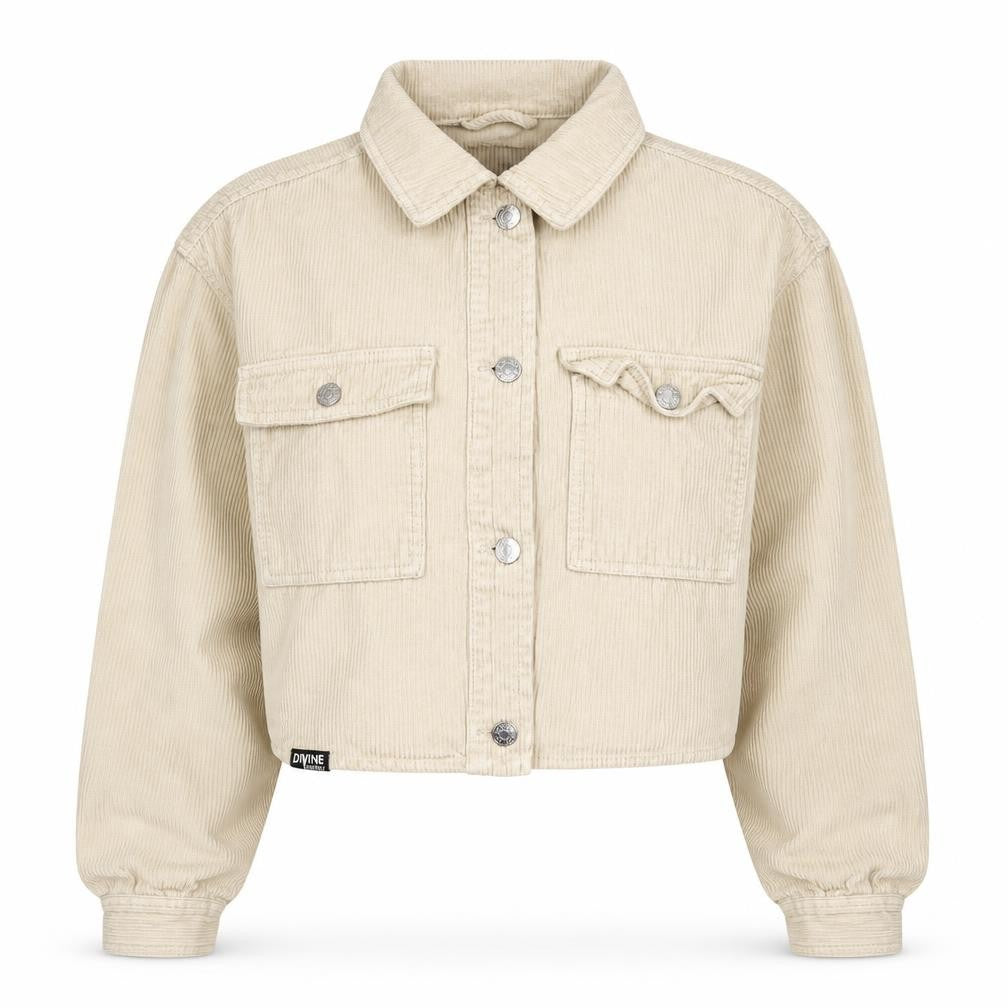Front view of Bershka women’s beige corduroy cropped jacket xs