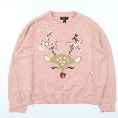 New Look Women’s Pink Petite Reindeer Sequin Christmas Jumper Size M