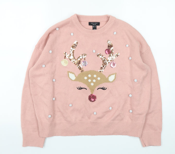 New Look Women’s Pink Petite Reindeer Sequin Christmas Jumper Size M