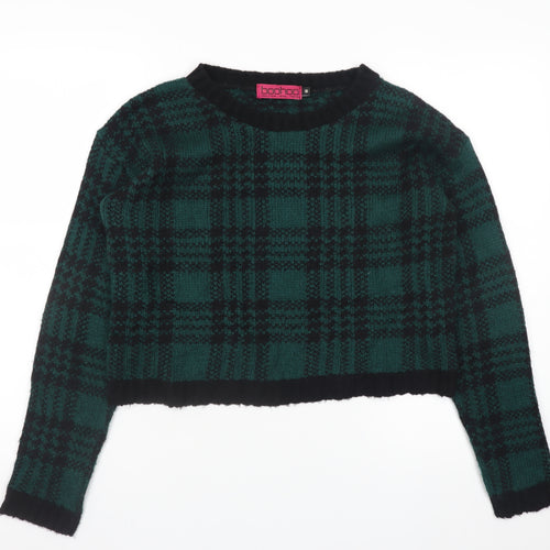 Boohoo Womens Green Black Checked Chunky Knit Crew Neck Jumper Size M