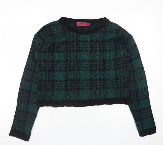 Boohoo Womens Green Black Checked Chunky Knit Crew Neck Jumper Size M