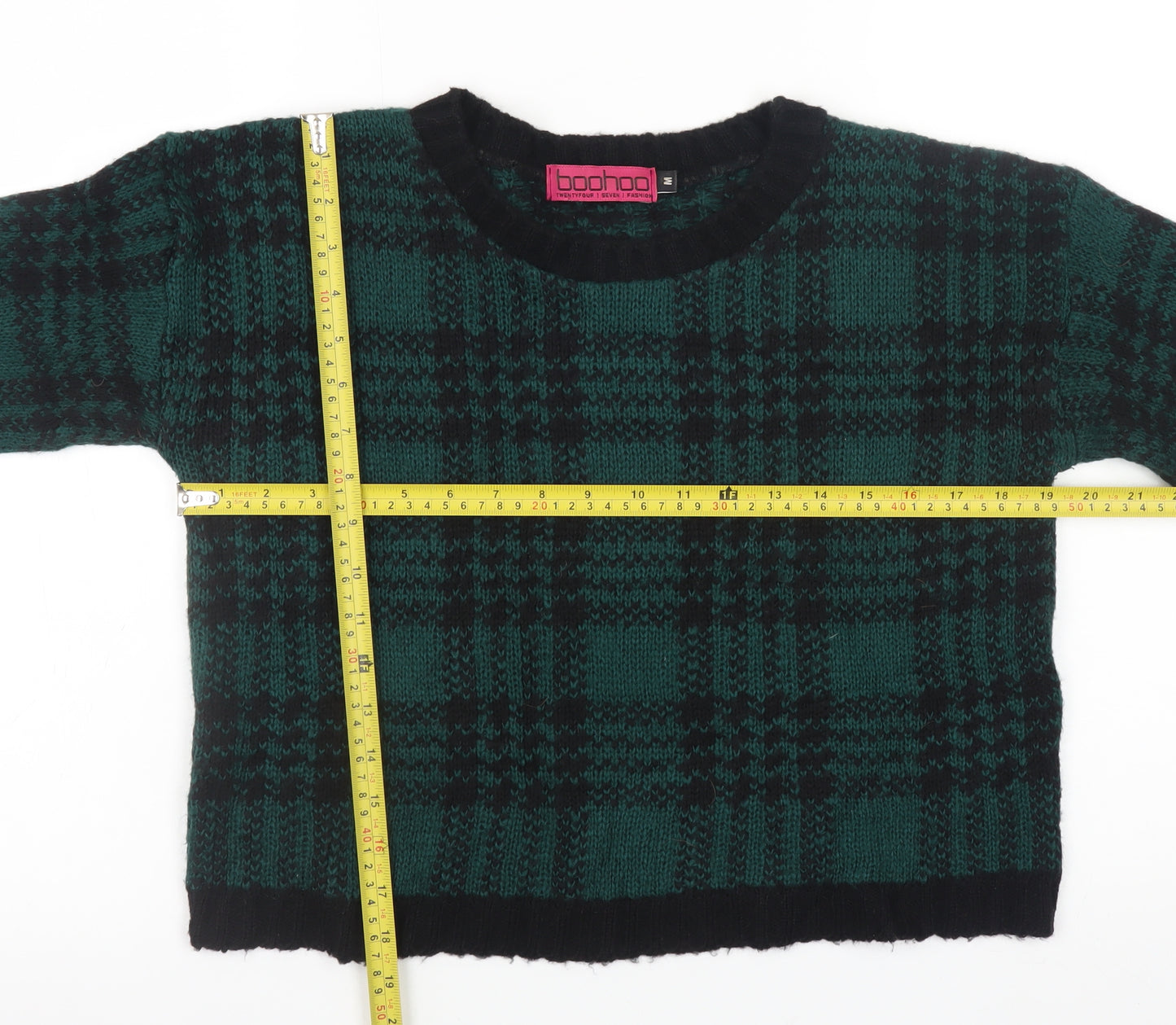 Boohoo Womens Green Black Checked Chunky Knit Crew Neck Jumper Size M