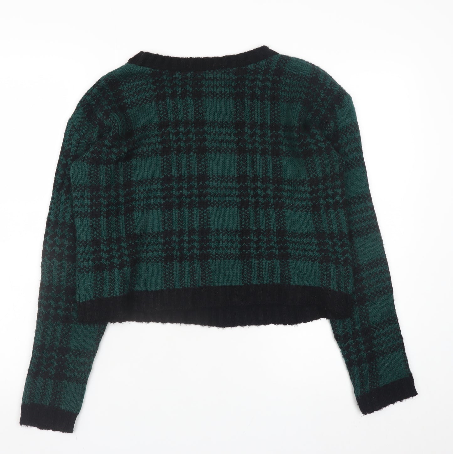 Boohoo Womens Green Black Checked Chunky Knit Crew Neck Jumper Size M
