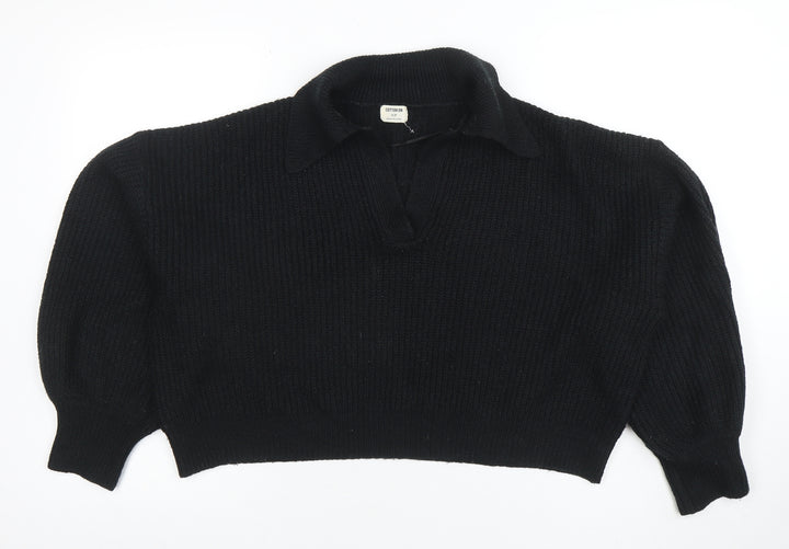 Cotton On Women's Black Collared Henley Knit Jumper Size S
