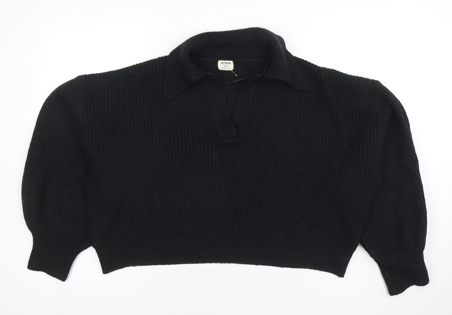 Cotton On Women's Black Collared Henley Knit Jumper Size S