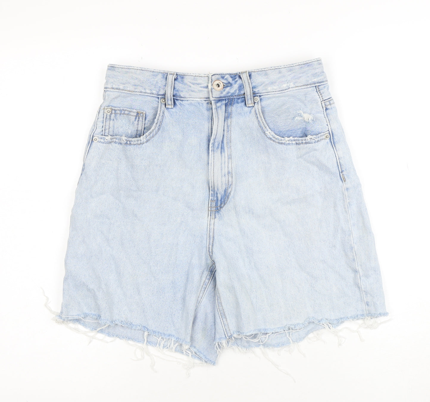 Stradivarius Women's Blue Denim Cut-Off Shorts Size 10 High Rise
