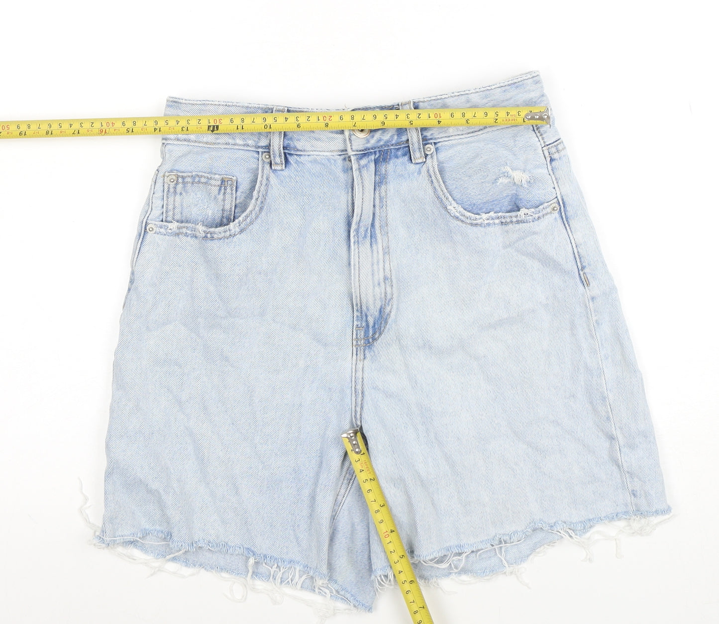 Stradivarius Women's Blue Denim Cut-Off Shorts Size 10 High Rise