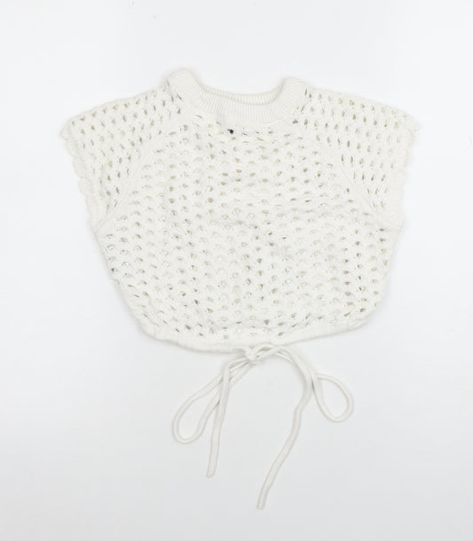 Zara Women White Crochet Knit Cotton Cropped Blouse Size S
