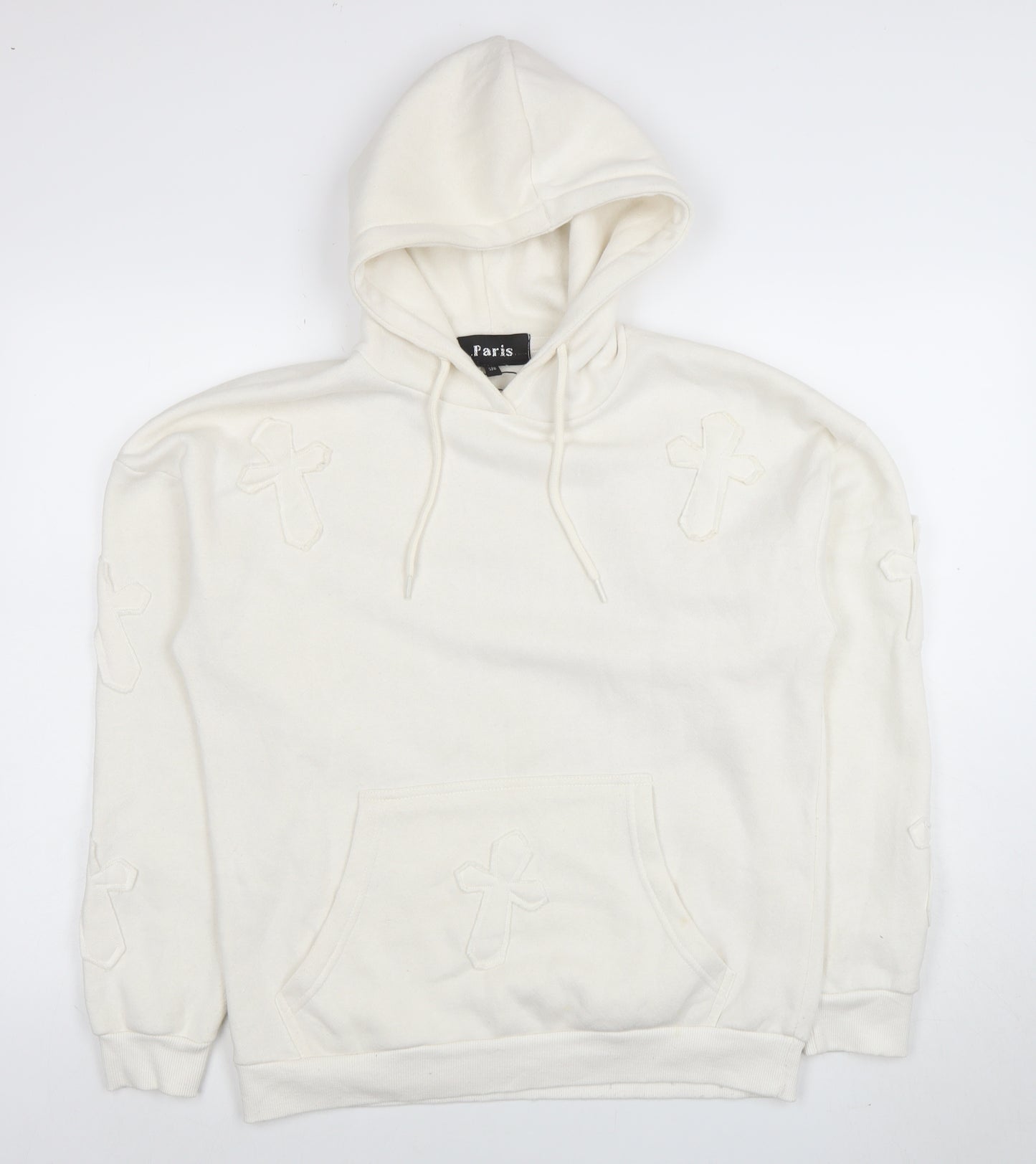 Paris Women’s Ivory Hoodie UK 8 Small Pullover Cross Detail Cotton Blend
