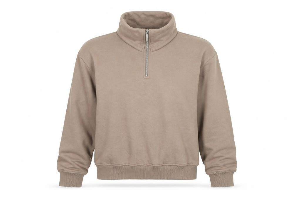Front view of PRETTYLITTLETHING Women Beige 1/4 Zip Pullover Sweatshirt XS