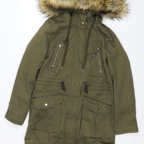 Bershka Women Green Faux Fur Hooded Parka Jacket Size 10